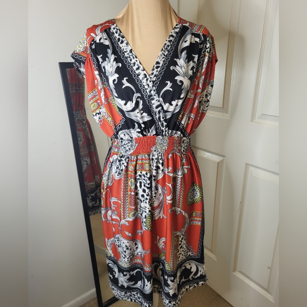 Dots - Redish Orange Black Yellow and White Designer Patterned Dress,  S…